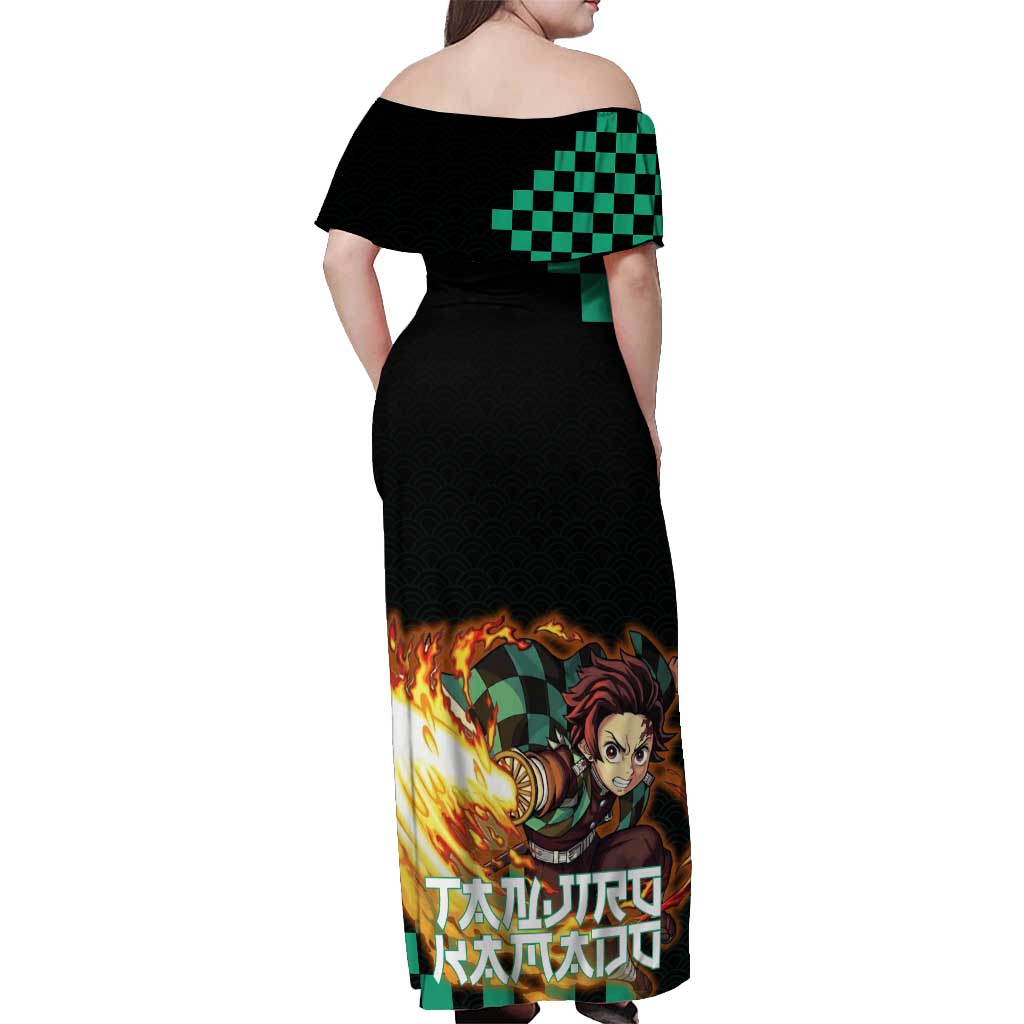 Tanjiro Kamado Demon Slayer Off Shoulder Maxi Dress Fiery Checkered Anime Wave Style