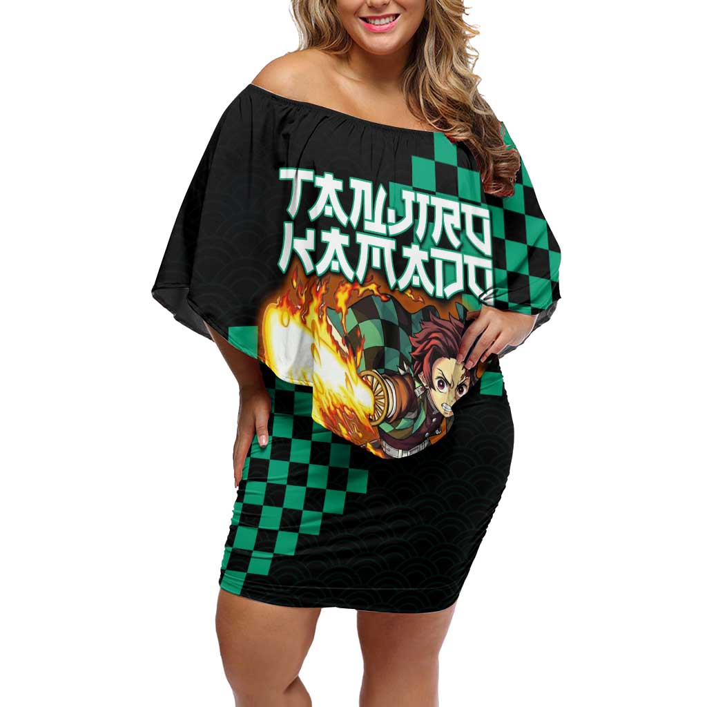 Tanjiro Kamado Demon Slayer Off Shoulder Short Dress Fiery Checkered Anime Wave Style
