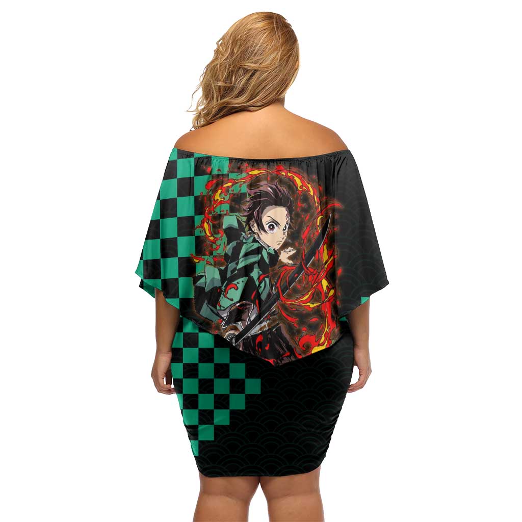 Tanjiro Kamado Demon Slayer Off Shoulder Short Dress Fiery Checkered Anime Wave Style