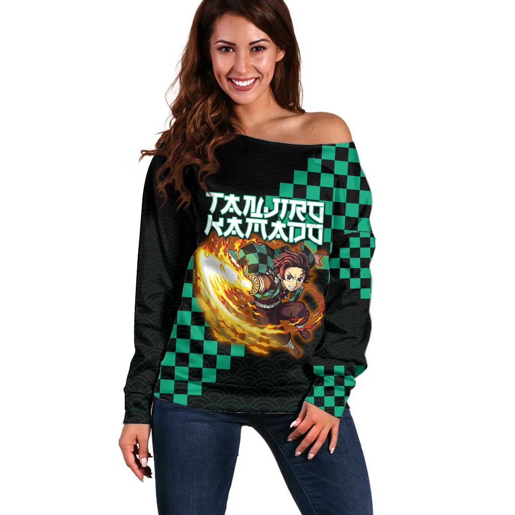 Tanjiro Kamado Demon Slayer Off Shoulder Sweater Fiery Checkered Anime Wave Style