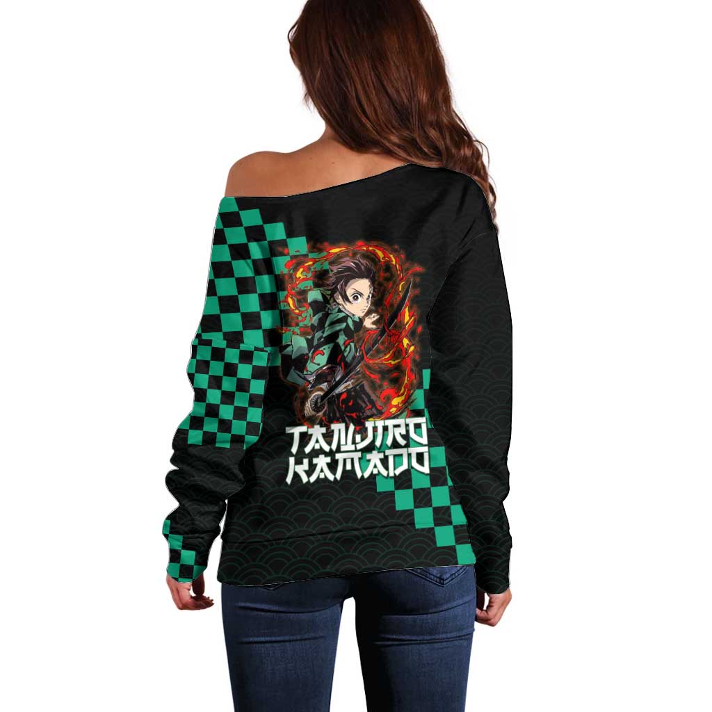 Tanjiro Kamado Demon Slayer Off Shoulder Sweater Fiery Checkered Anime Wave Style