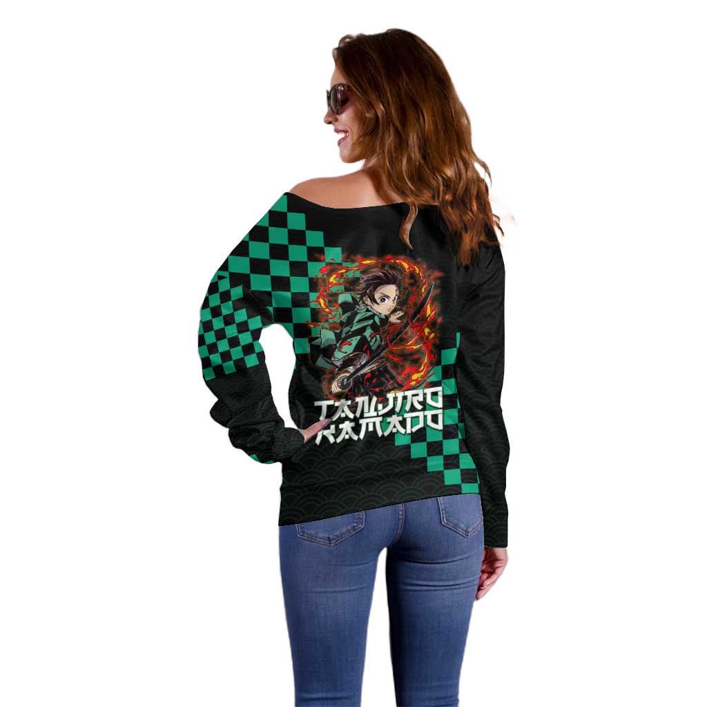 Tanjiro Kamado Demon Slayer Off Shoulder Sweater Fiery Checkered Anime Wave Style