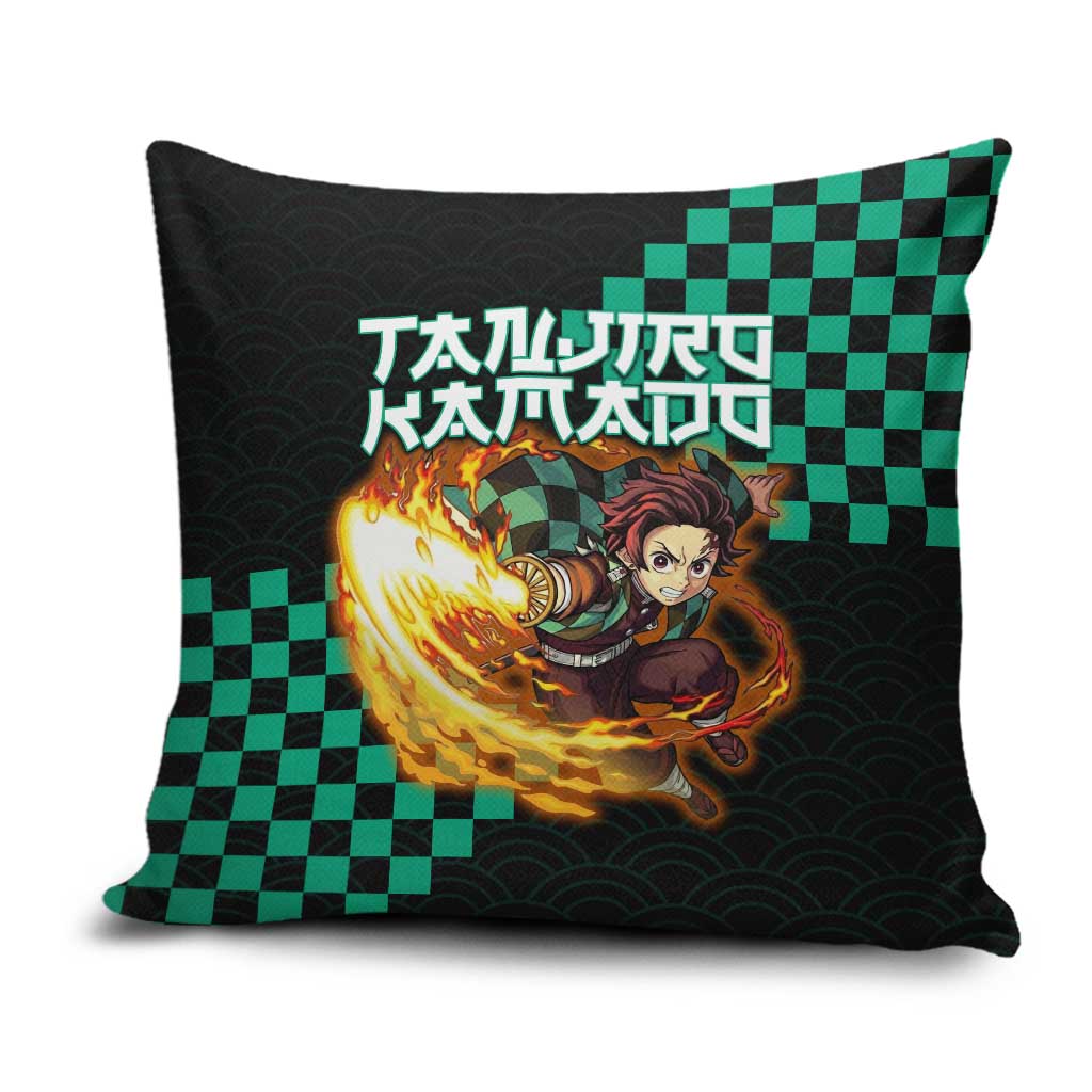 Tanjiro Kamado Demon Slayer Pillow Cover Fiery Checkered Anime Wave Style