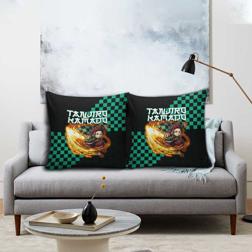 Tanjiro Kamado Demon Slayer Pillow Cover Fiery Checkered Anime Wave Style