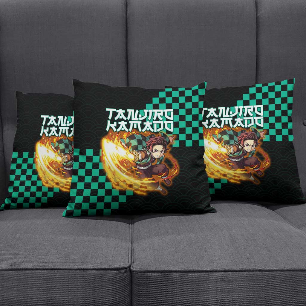 Tanjiro Kamado Demon Slayer Pillow Cover Fiery Checkered Anime Wave Style