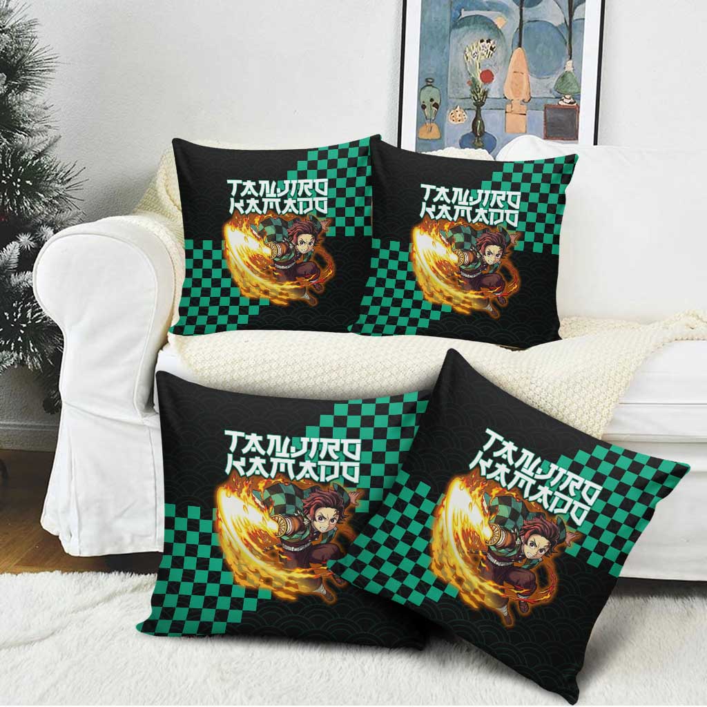 Tanjiro Kamado Demon Slayer Pillow Cover Fiery Checkered Anime Wave Style