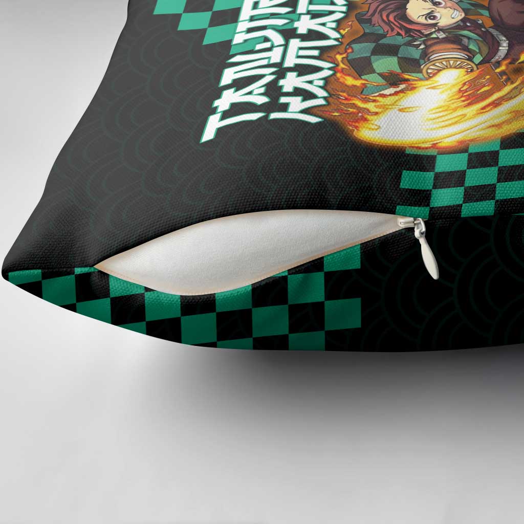 Tanjiro Kamado Demon Slayer Pillow Cover Fiery Checkered Anime Wave Style