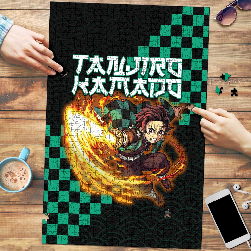 Tanjiro Kamado Demon Slayer Puzzle Fiery Checkered Anime Wave Style
