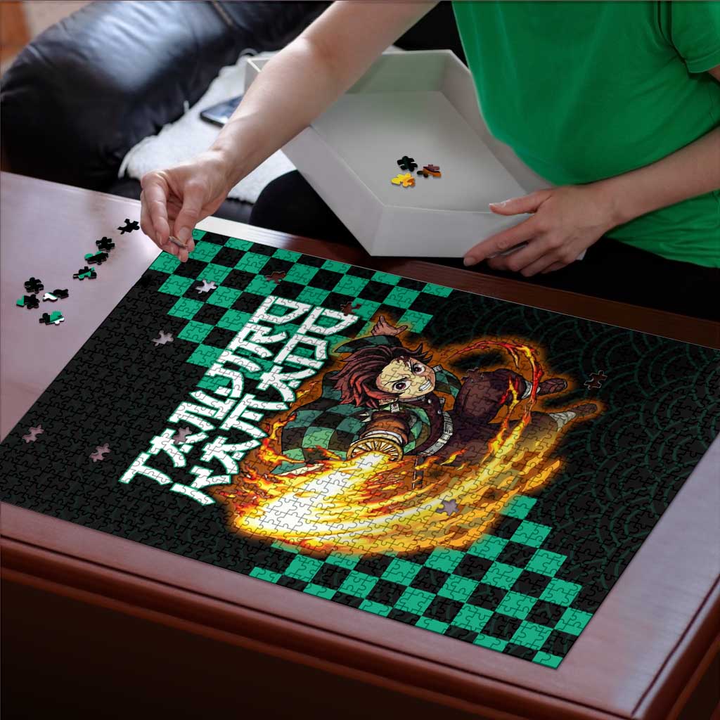 Tanjiro Kamado Demon Slayer Puzzle Fiery Checkered Anime Wave Style