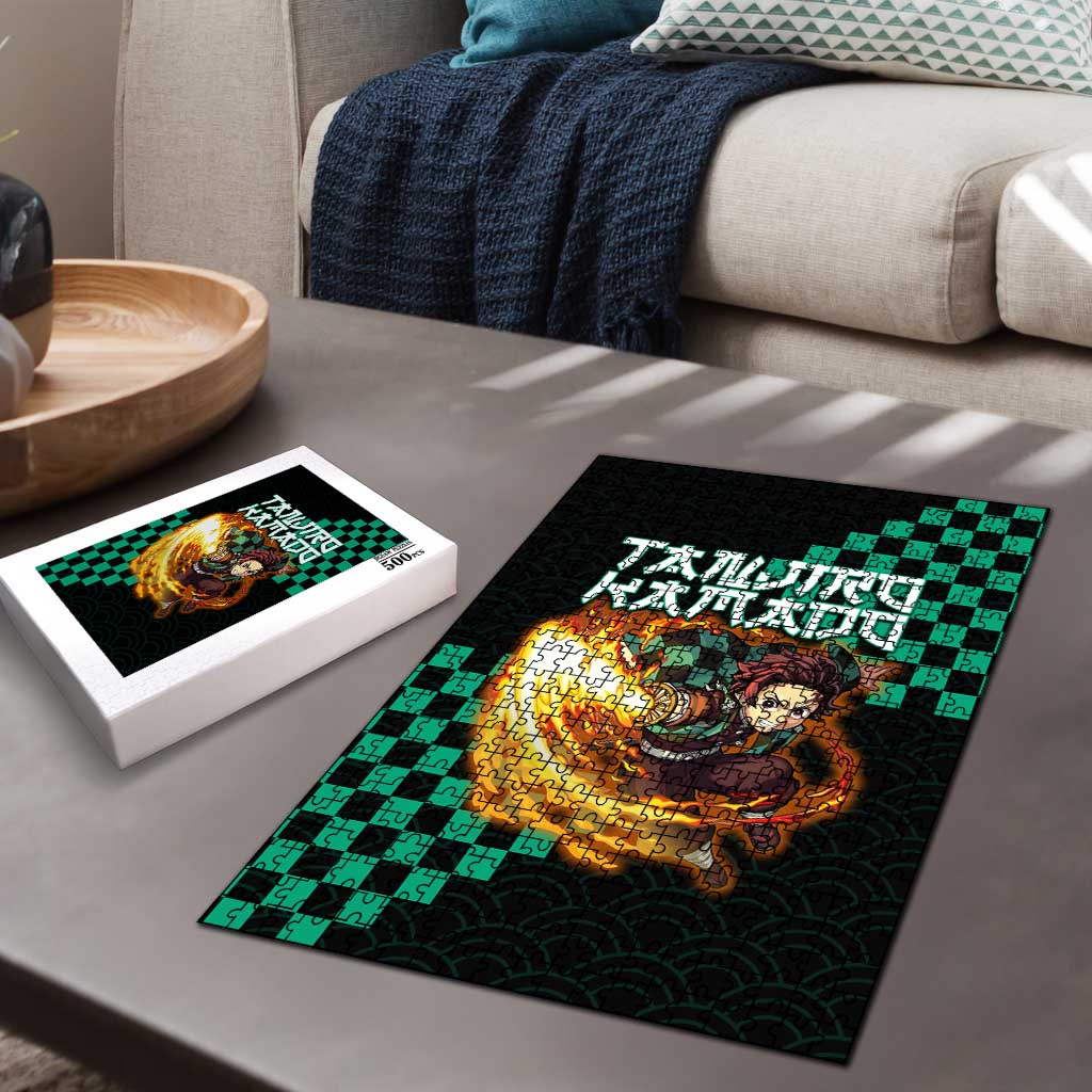 Tanjiro Kamado Demon Slayer Puzzle Fiery Checkered Anime Wave Style