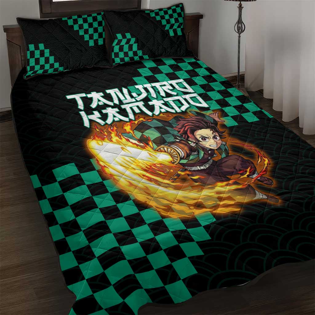 Tanjiro Kamado Demon Slayer Quilt Bed Set Fiery Checkered Anime Wave Style