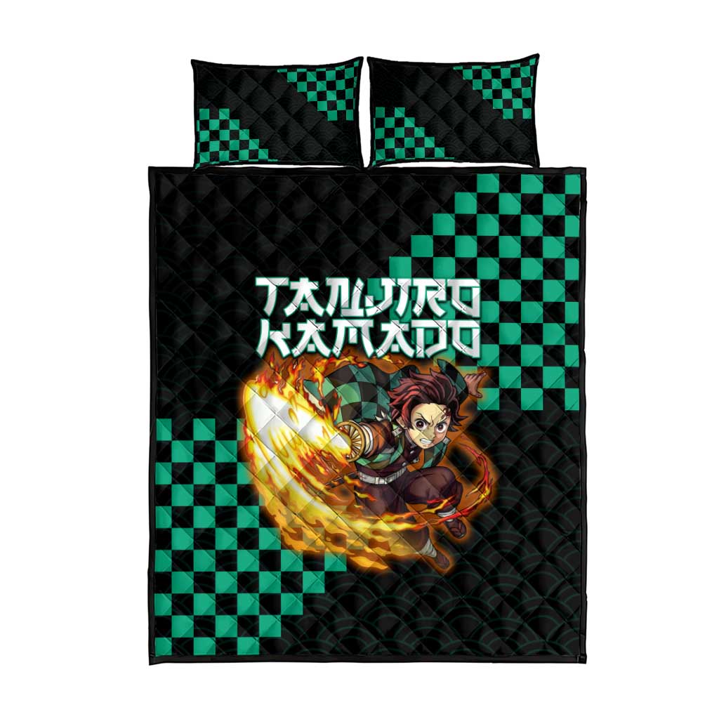 Tanjiro Kamado Demon Slayer Quilt Bed Set Fiery Checkered Anime Wave Style