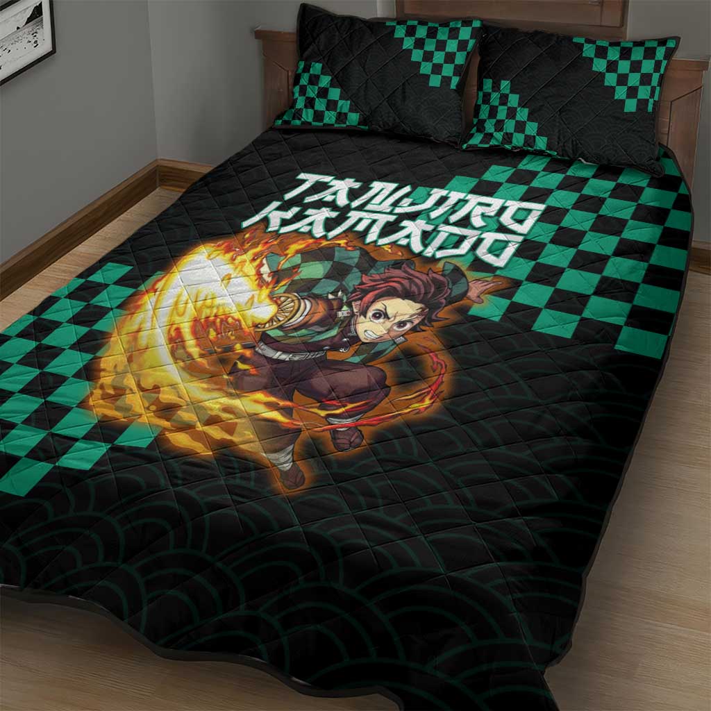 Tanjiro Kamado Demon Slayer Quilt Bed Set Fiery Checkered Anime Wave Style