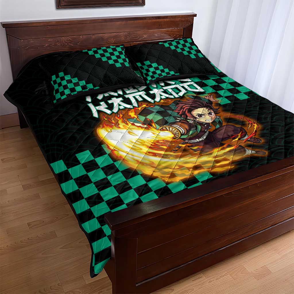 Tanjiro Kamado Demon Slayer Quilt Bed Set Fiery Checkered Anime Wave Style