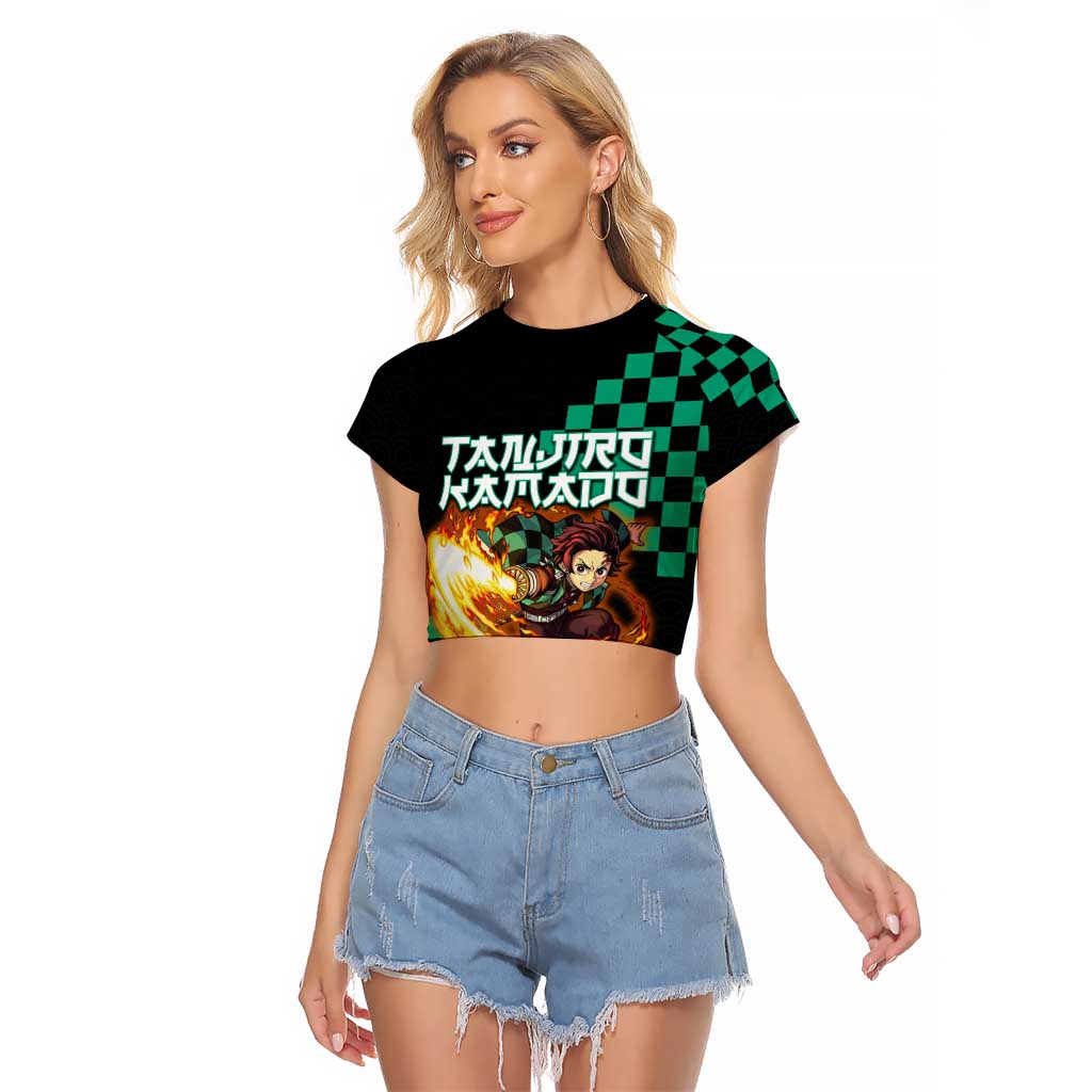 Tanjiro Kamado Demon Slayer Raglan Cropped T Shirt Fiery Checkered Anime Wave Style
