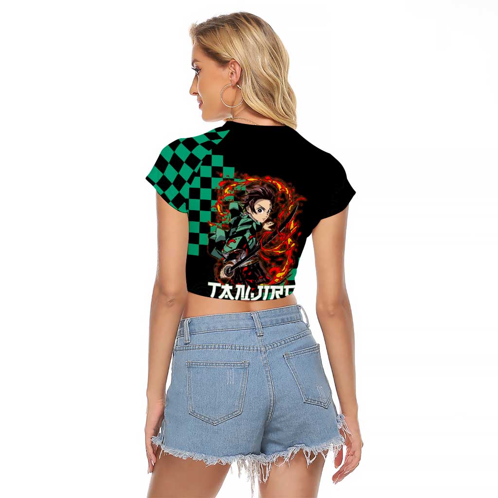 Tanjiro Kamado Demon Slayer Raglan Cropped T Shirt Fiery Checkered Anime Wave Style