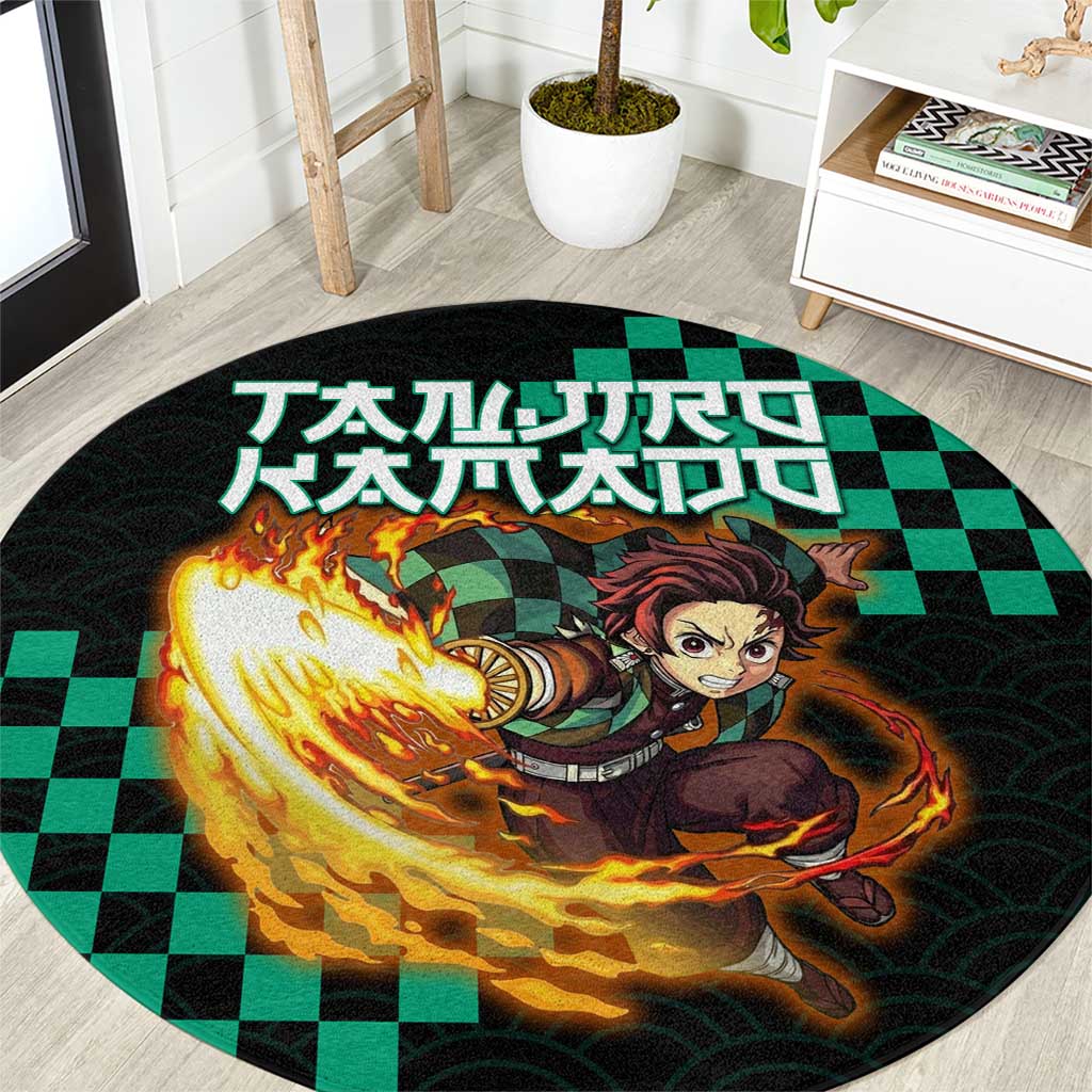 Tanjiro Kamado Demon Slayer Round Carpet Fiery Checkered Anime Wave Style