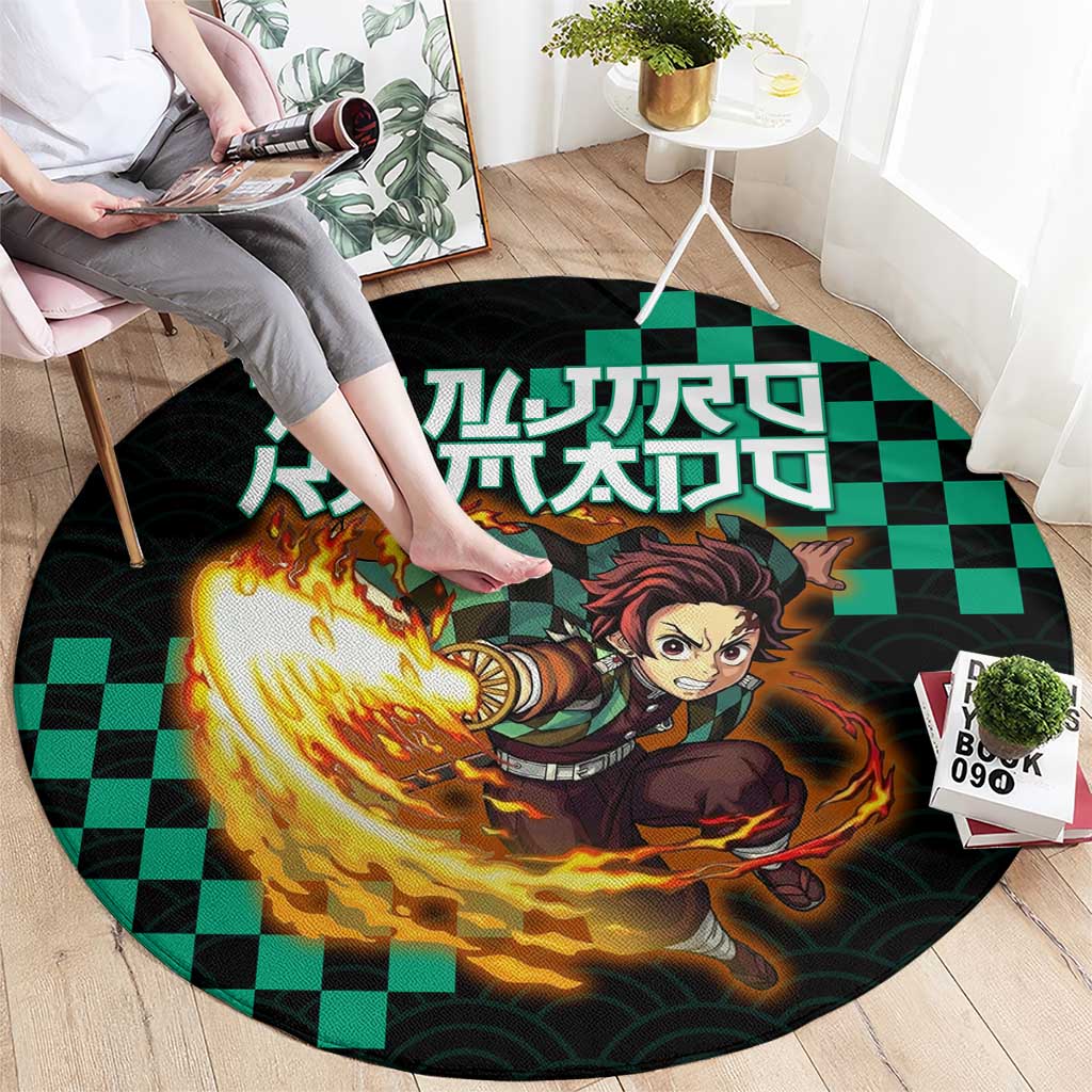 Tanjiro Kamado Demon Slayer Round Carpet Fiery Checkered Anime Wave Style