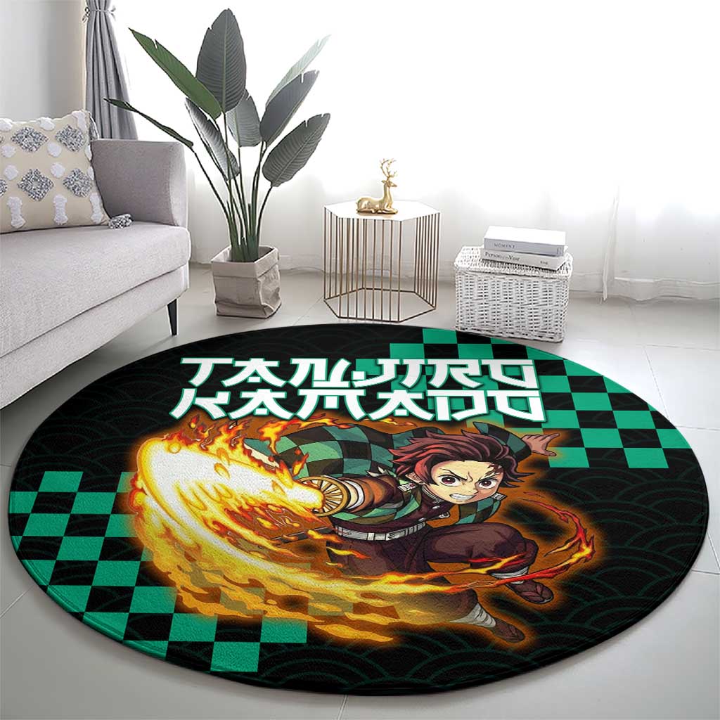 Tanjiro Kamado Demon Slayer Round Carpet Fiery Checkered Anime Wave Style