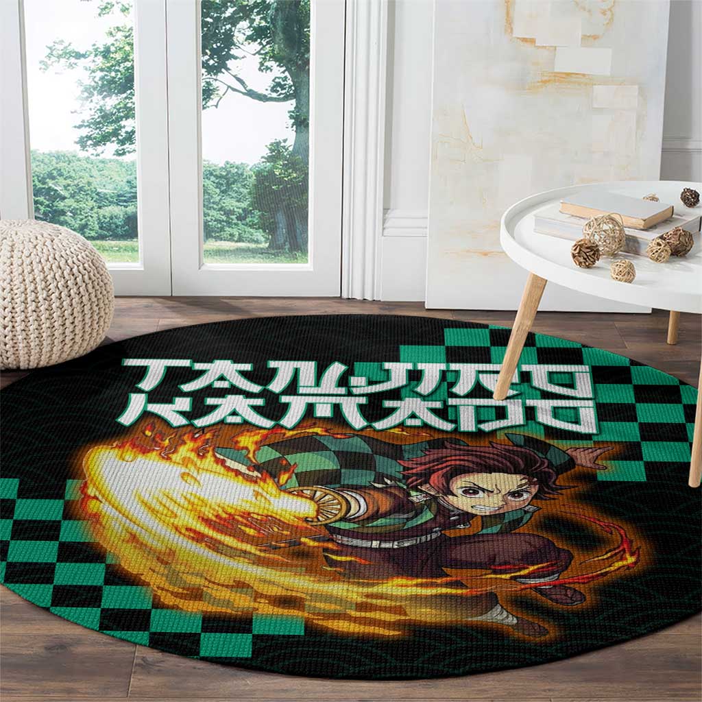 Tanjiro Kamado Demon Slayer Round Carpet Fiery Checkered Anime Wave Style