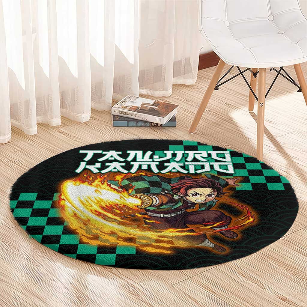 Tanjiro Kamado Demon Slayer Round Carpet Fiery Checkered Anime Wave Style