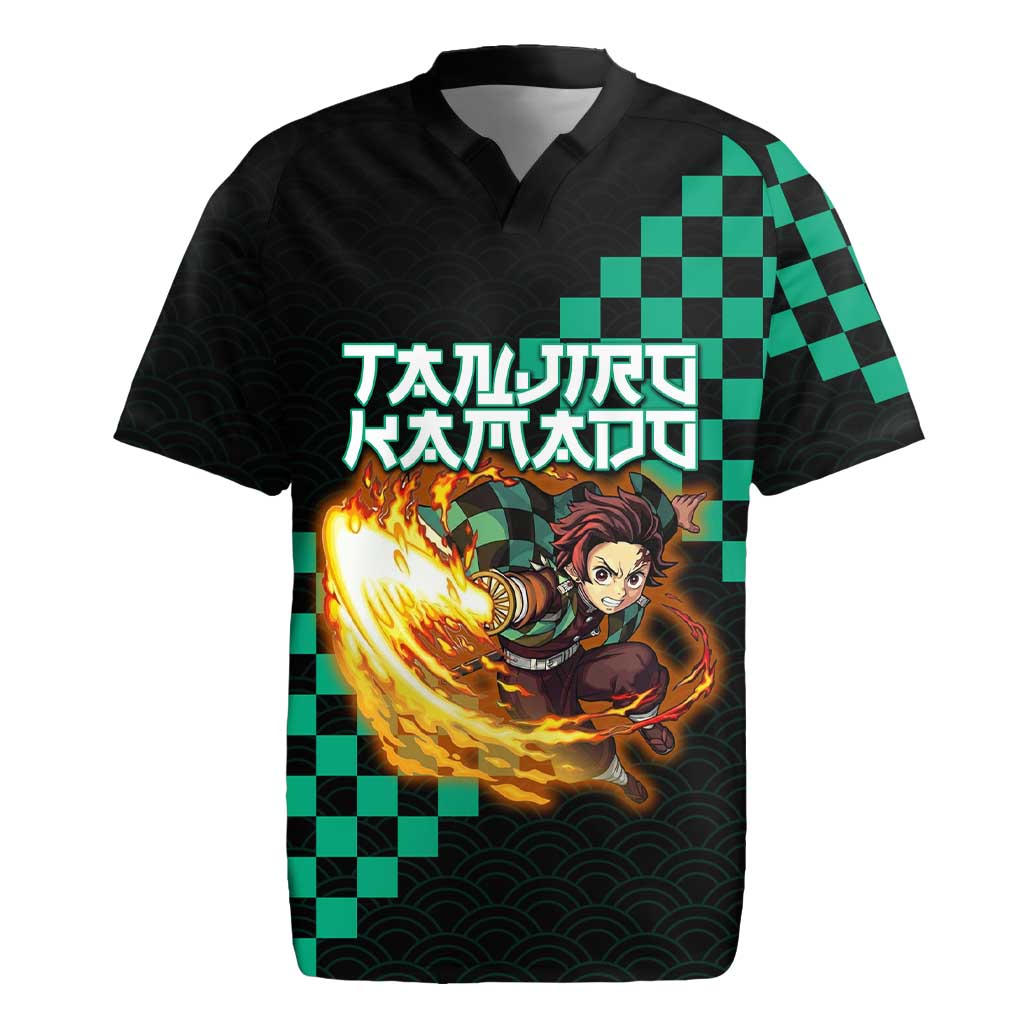 Tanjiro Kamado Demon Slayer Rugby Jersey Fiery Checkered Anime Wave Style