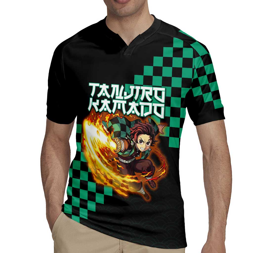 Tanjiro Kamado Demon Slayer Rugby Jersey Fiery Checkered Anime Wave Style