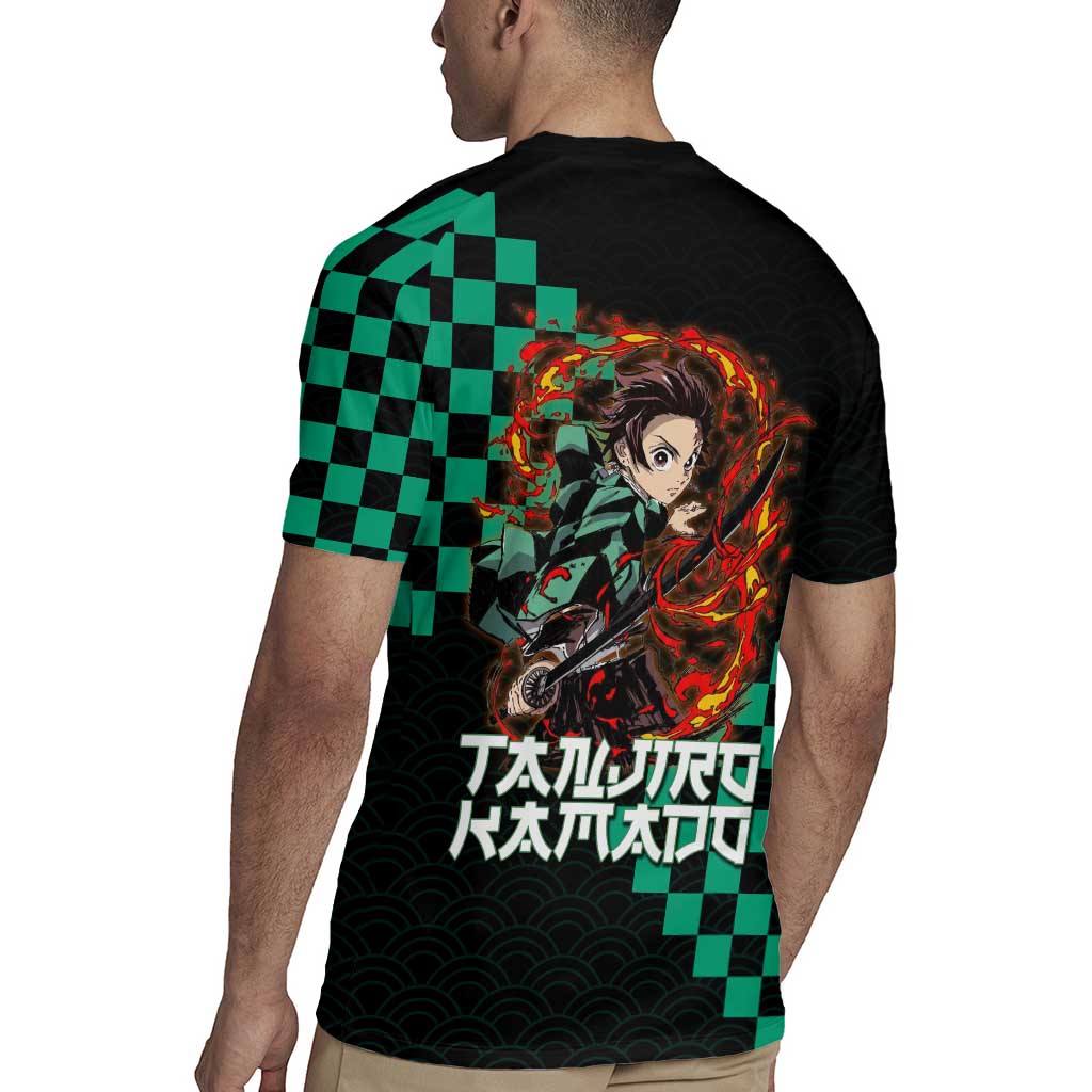 Tanjiro Kamado Demon Slayer Rugby Jersey Fiery Checkered Anime Wave Style
