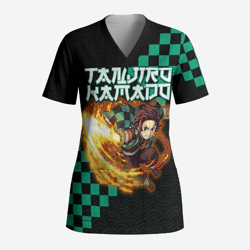 Tanjiro Kamado Demon Slayer Scrub Top Fiery Checkered Anime Wave Style