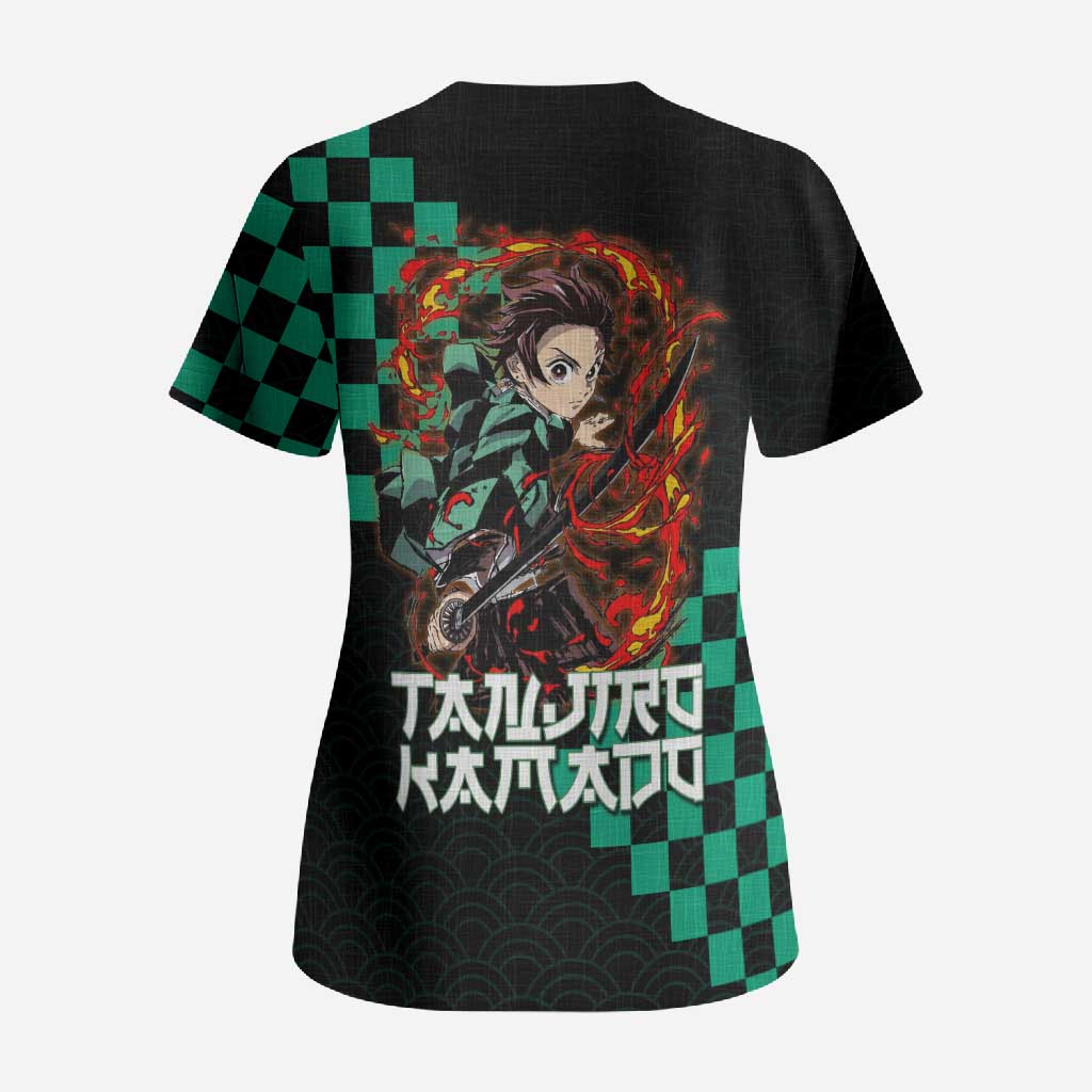 Tanjiro Kamado Demon Slayer Scrub Top Fiery Checkered Anime Wave Style