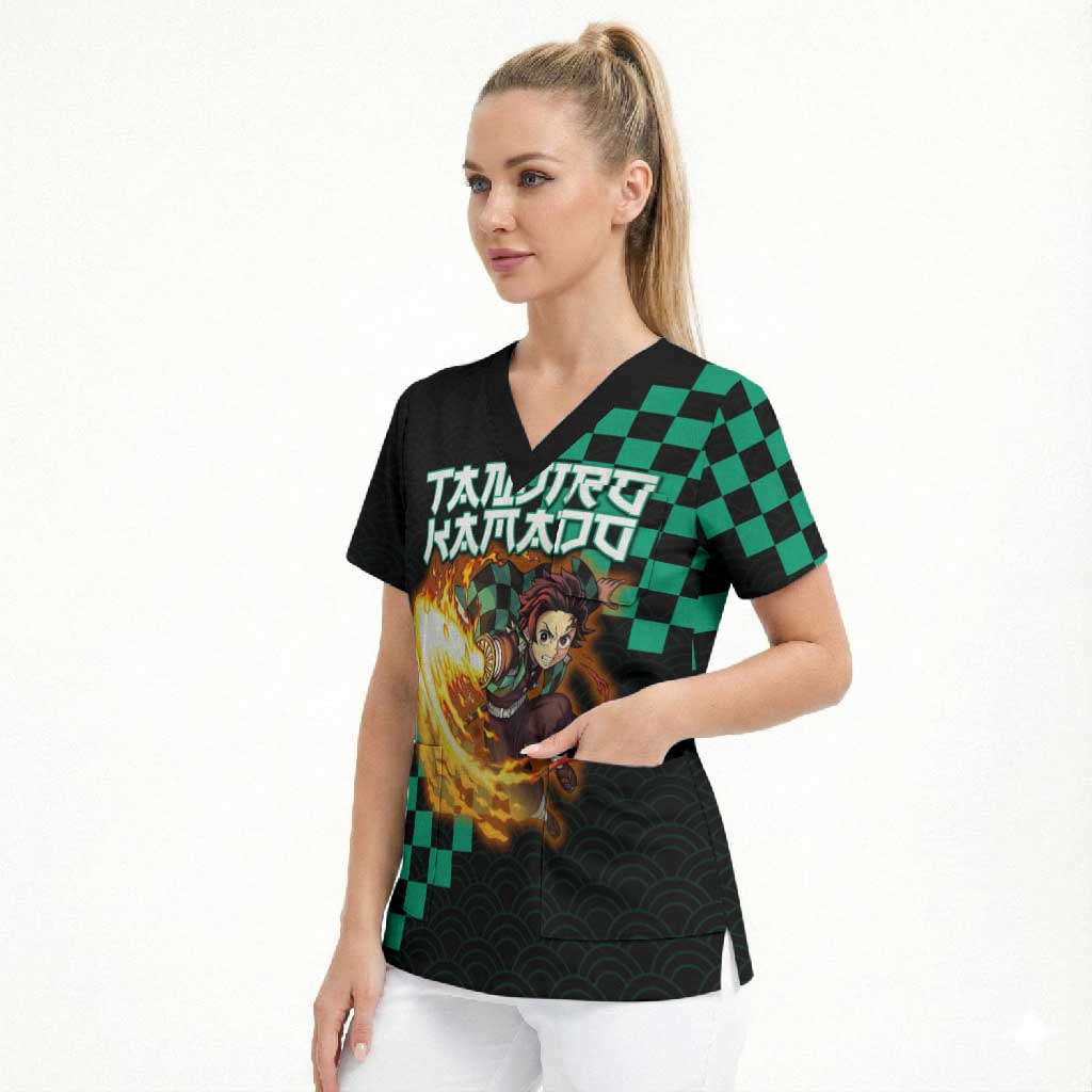 Tanjiro Kamado Demon Slayer Scrub Top Fiery Checkered Anime Wave Style