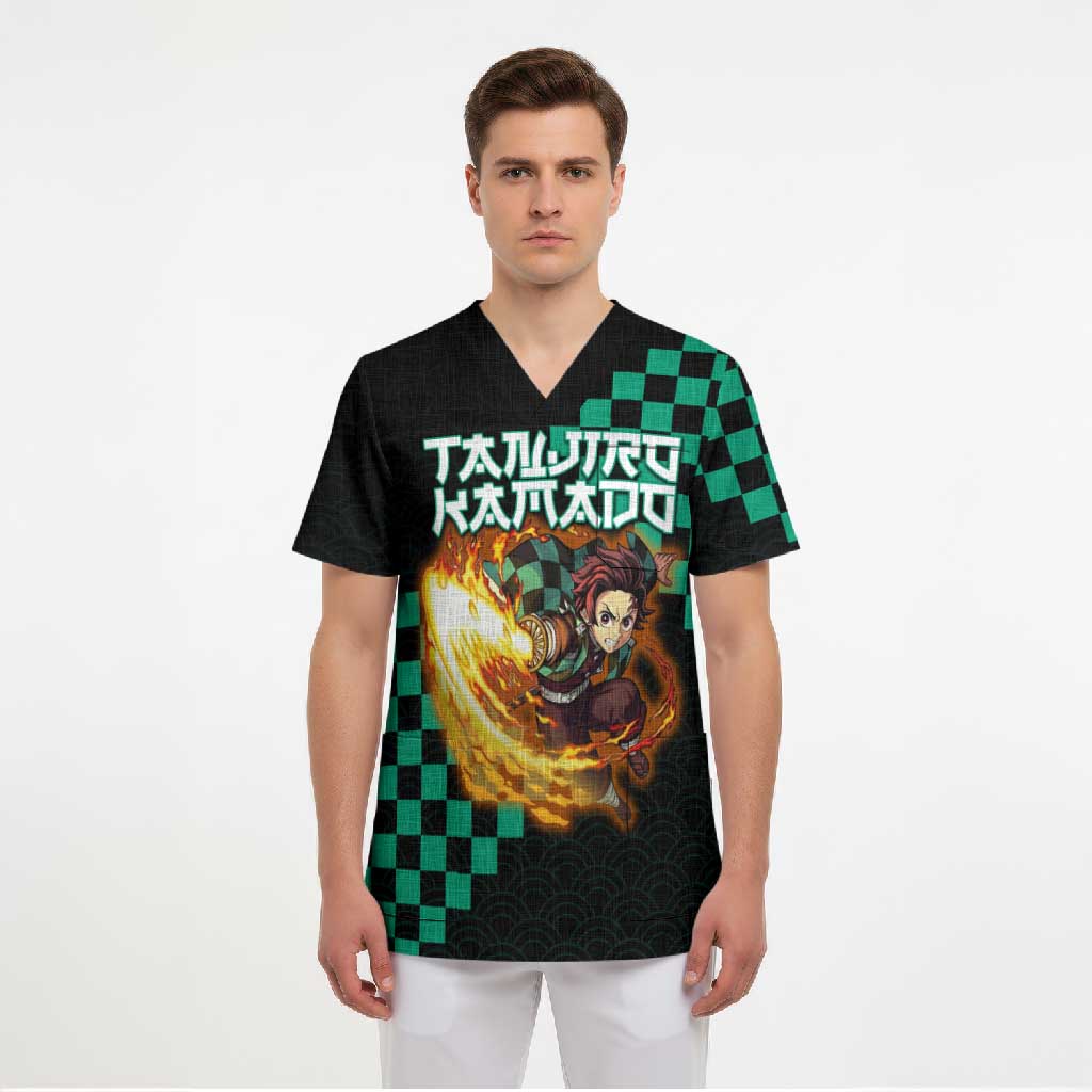 Tanjiro Kamado Demon Slayer Scrub Top Fiery Checkered Anime Wave Style