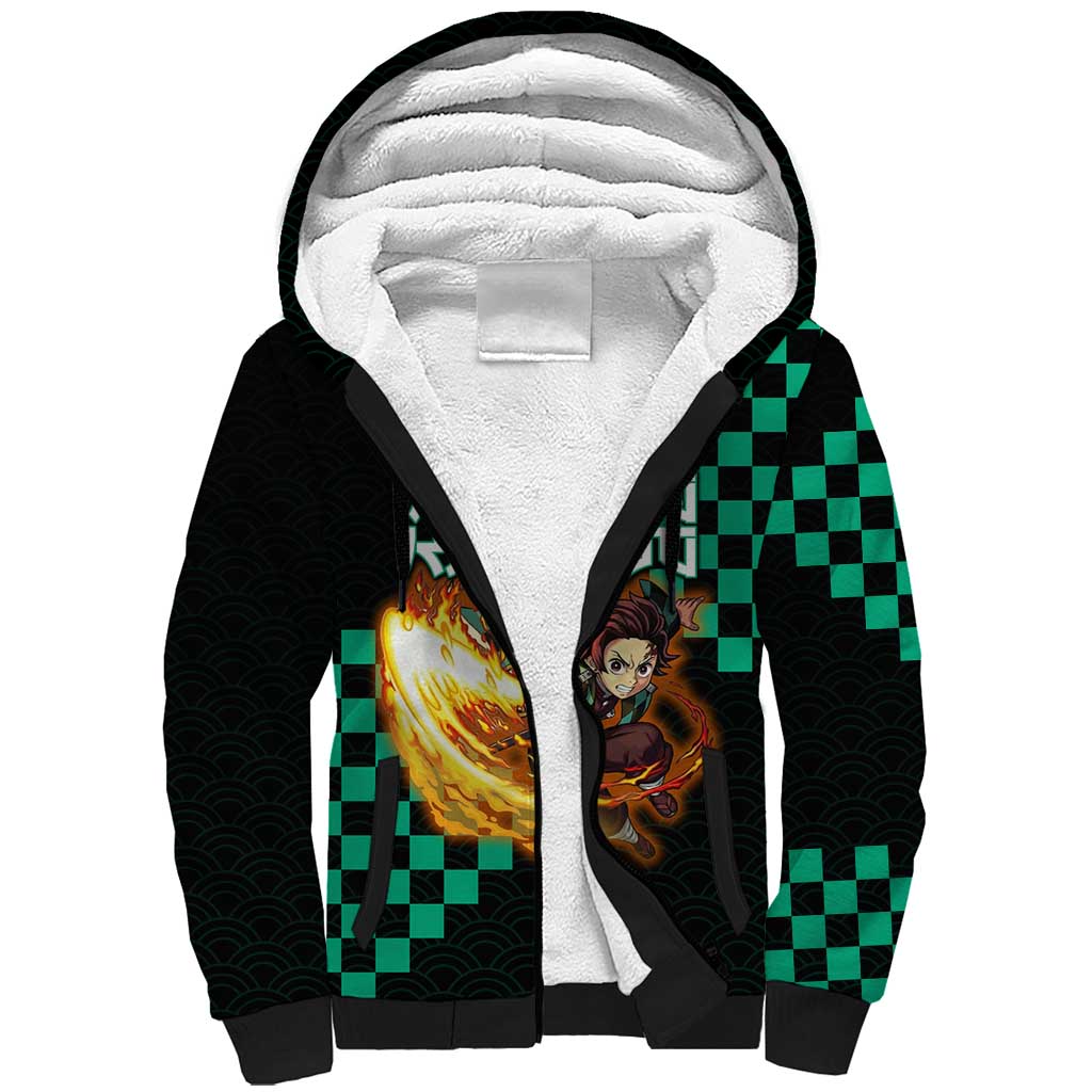 Tanjiro Kamado Demon Slayer Sherpa Hoodie Fiery Checkered Anime Wave Style