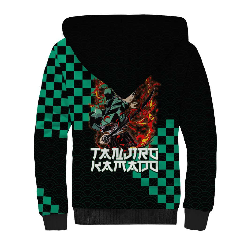 Tanjiro Kamado Demon Slayer Sherpa Hoodie Fiery Checkered Anime Wave Style