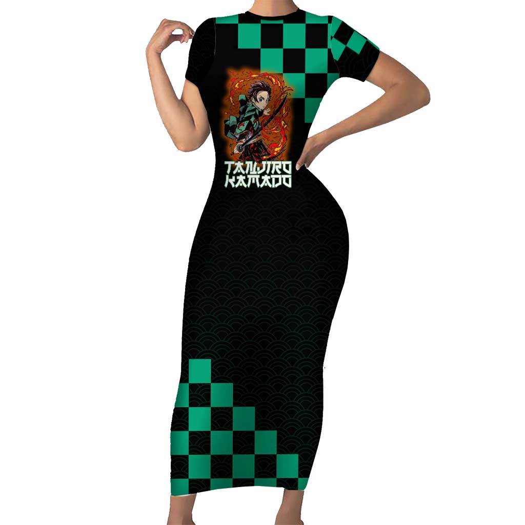 Tanjiro Kamado Demon Slayer Short Sleeve Bodycon Dress Fiery Checkered Anime Wave Style
