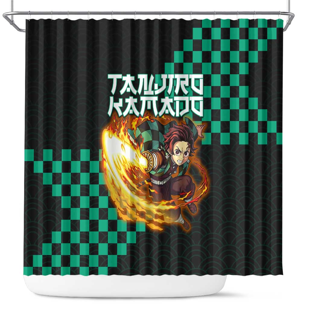 Tanjiro Kamado Demon Slayer Shower Curtain Fiery Checkered Anime Wave Style
