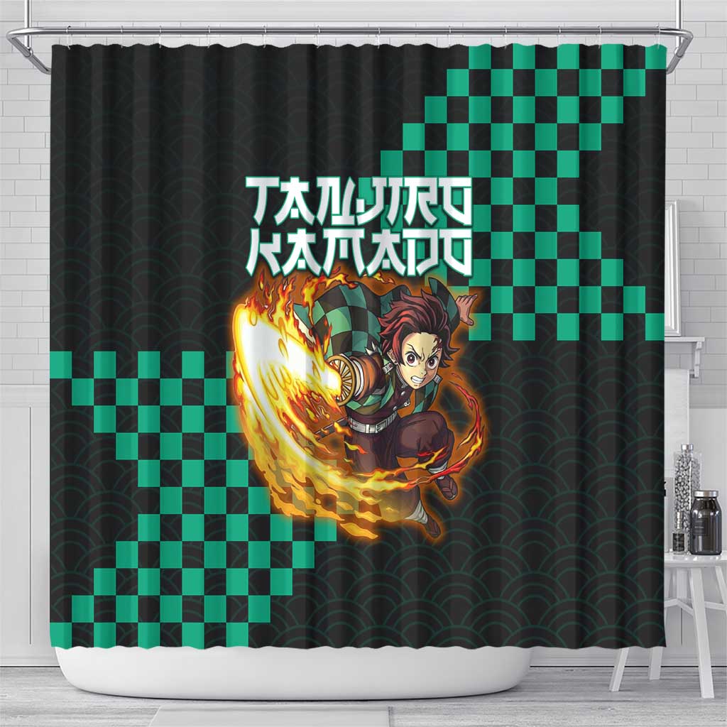 Tanjiro Kamado Demon Slayer Shower Curtain Fiery Checkered Anime Wave Style
