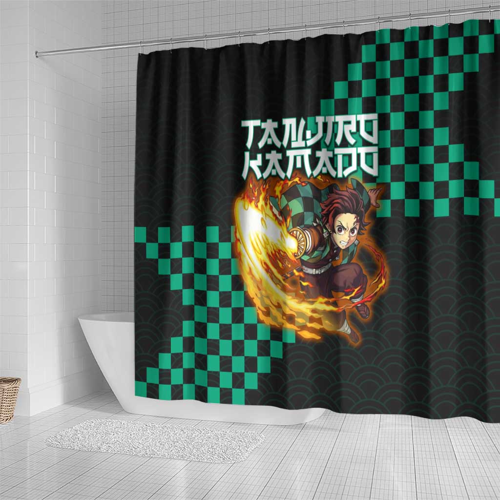 Tanjiro Kamado Demon Slayer Shower Curtain Fiery Checkered Anime Wave Style