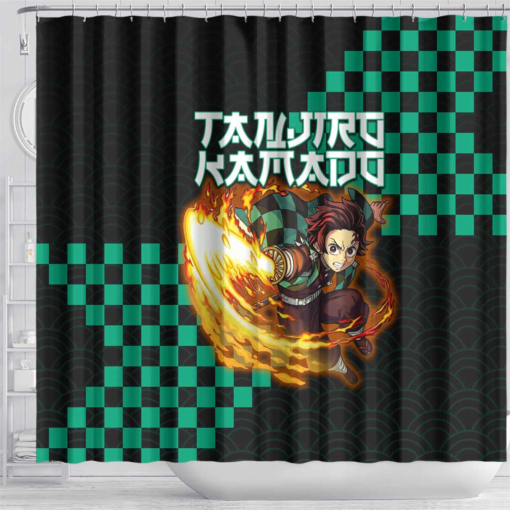 Tanjiro Kamado Demon Slayer Shower Curtain Fiery Checkered Anime Wave Style