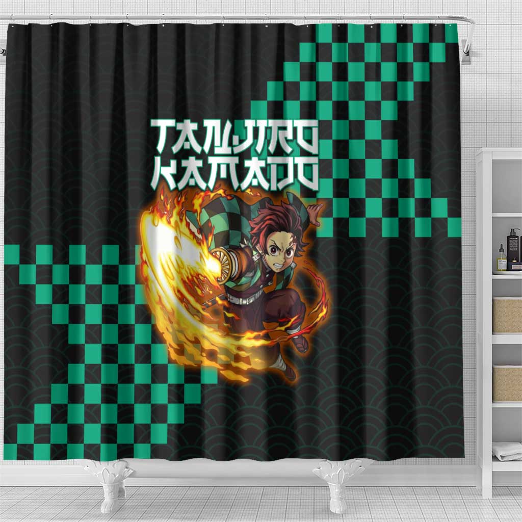 Tanjiro Kamado Demon Slayer Shower Curtain Fiery Checkered Anime Wave Style
