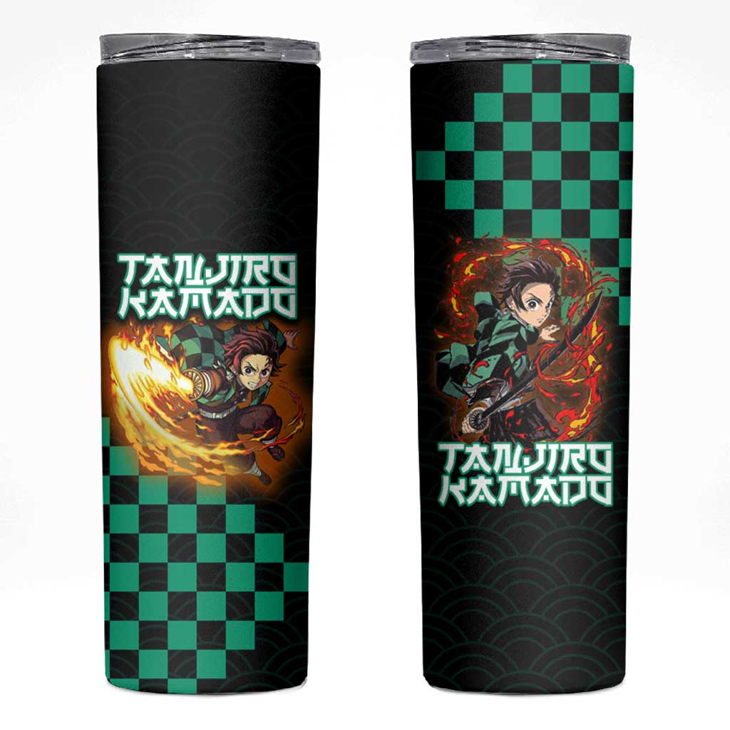 Tanjiro Kamado Demon Slayer Skinny Tumbler Fiery Checkered Anime Wave Style