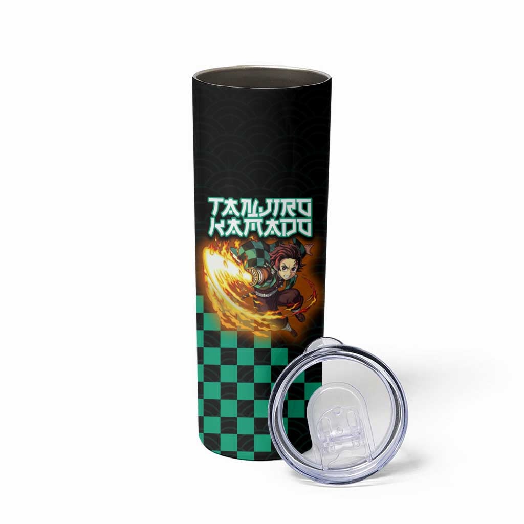 Tanjiro Kamado Demon Slayer Skinny Tumbler Fiery Checkered Anime Wave Style