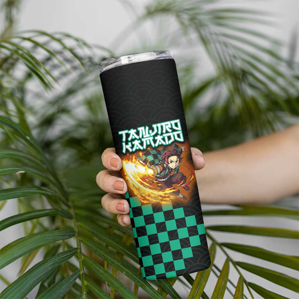 Tanjiro Kamado Demon Slayer Skinny Tumbler Fiery Checkered Anime Wave Style