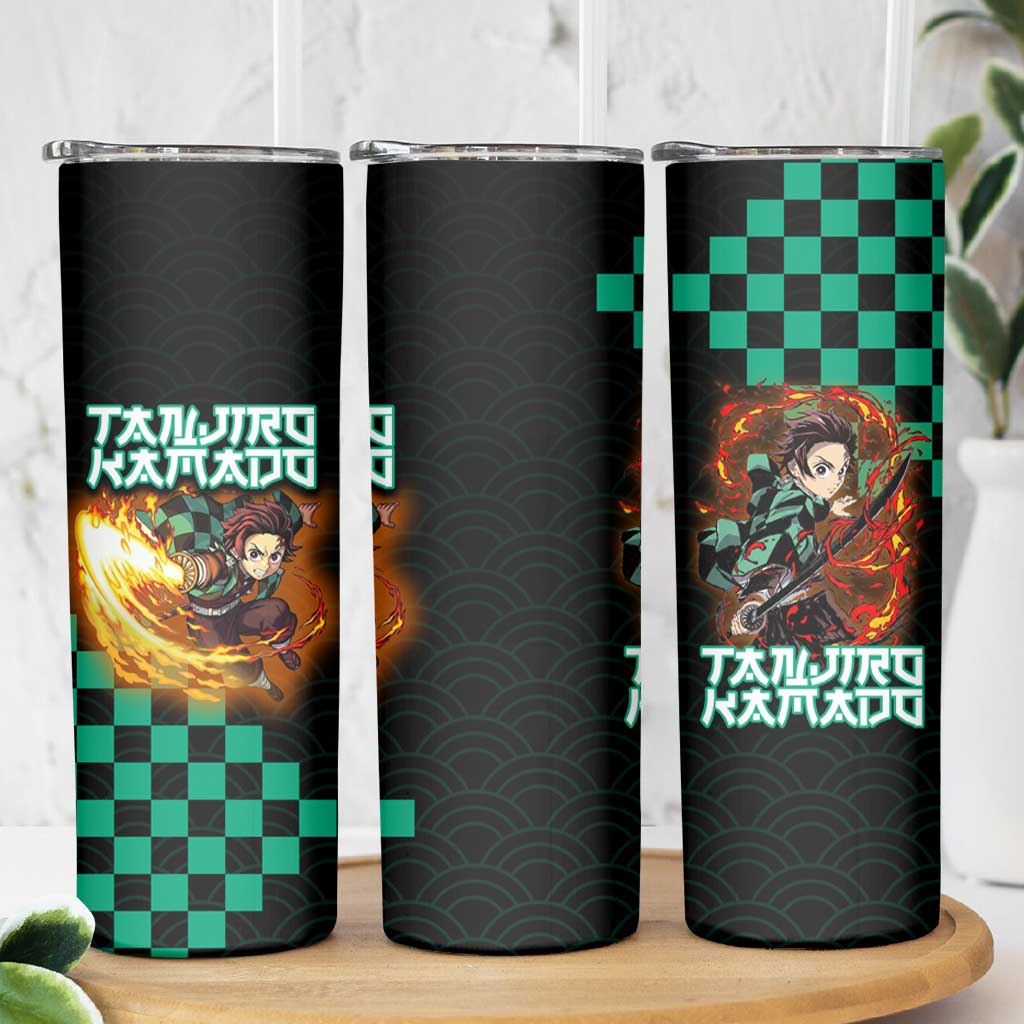 Tanjiro Kamado Demon Slayer Skinny Tumbler Fiery Checkered Anime Wave Style
