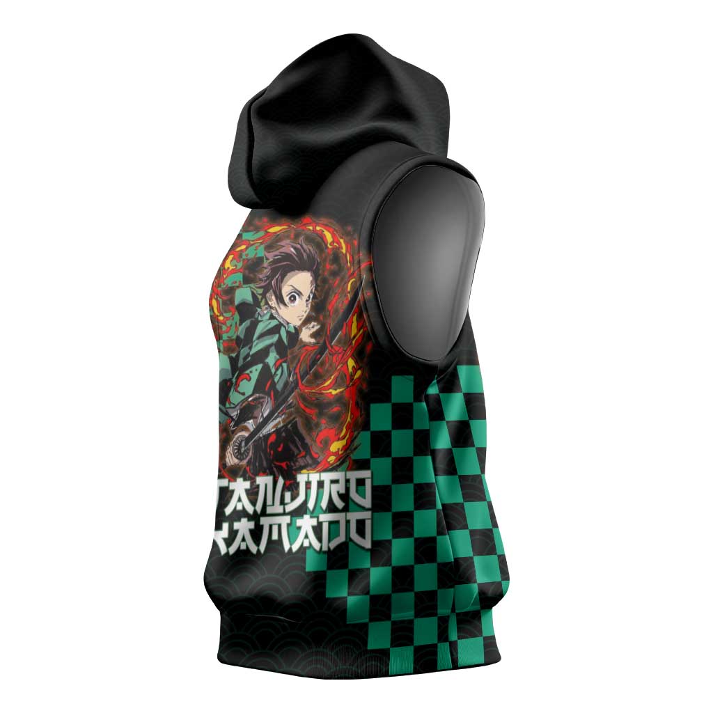 Tanjiro Kamado Demon Slayer Sleeveless Hoodie Fiery Checkered Anime Wave Style