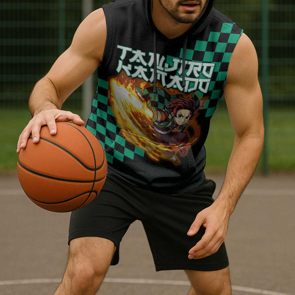 Tanjiro Kamado Demon Slayer Sleeveless Hoodie Fiery Checkered Anime Wave Style