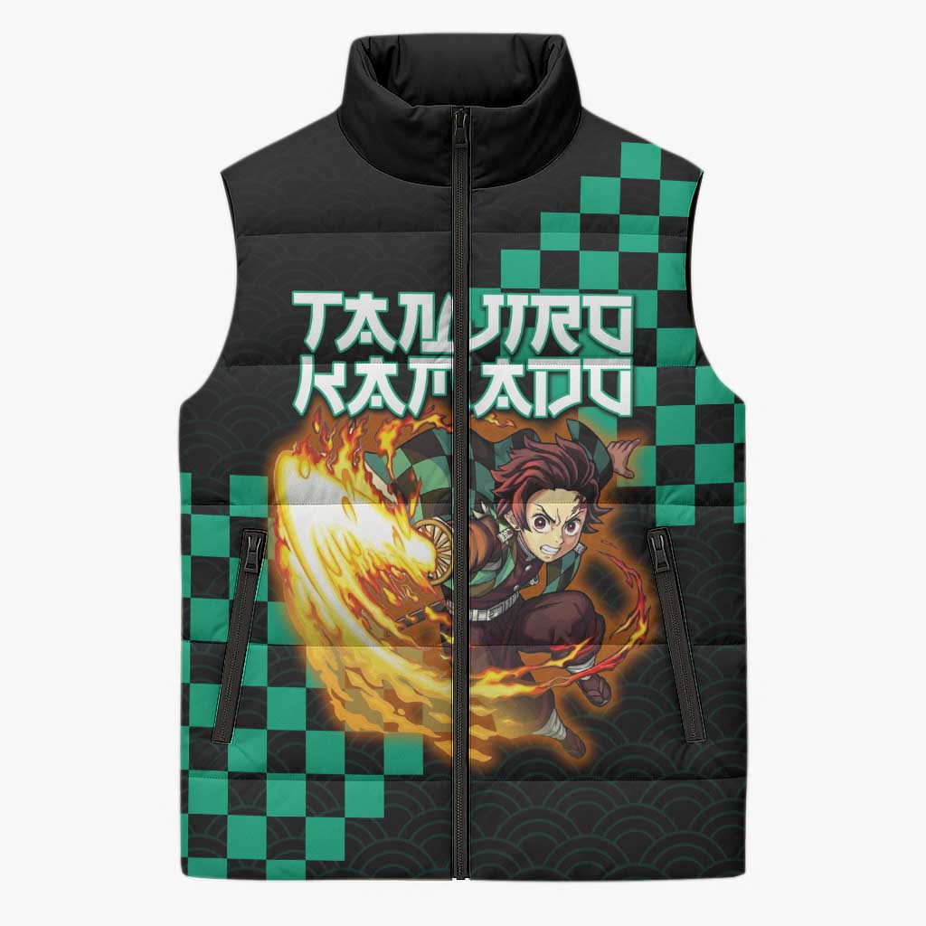 Tanjiro Kamado Demon Slayer Sleeveless Puffer Jacket Fiery Checkered Anime Wave Style