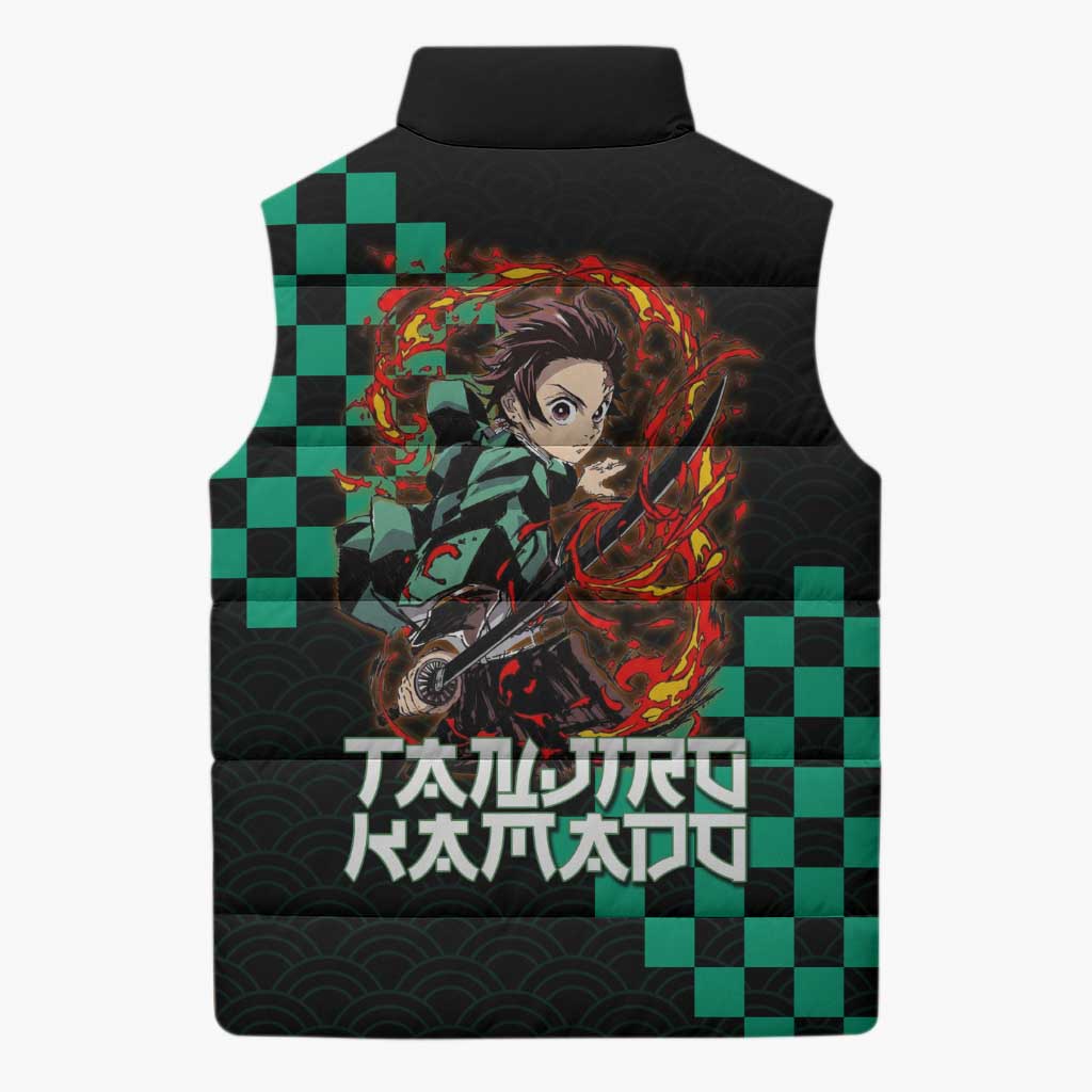 Tanjiro Kamado Demon Slayer Sleeveless Puffer Jacket Fiery Checkered Anime Wave Style