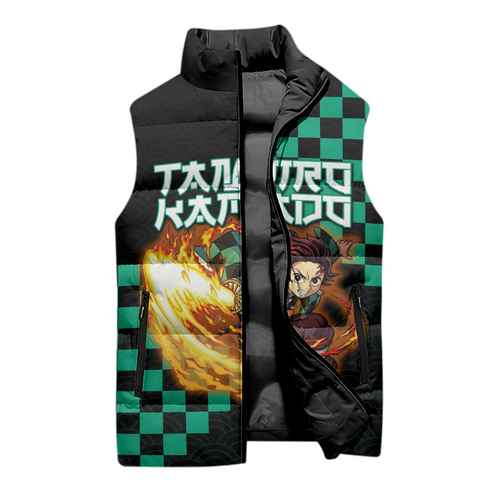 Tanjiro Kamado Demon Slayer Sleeveless Puffer Jacket Fiery Checkered Anime Wave Style