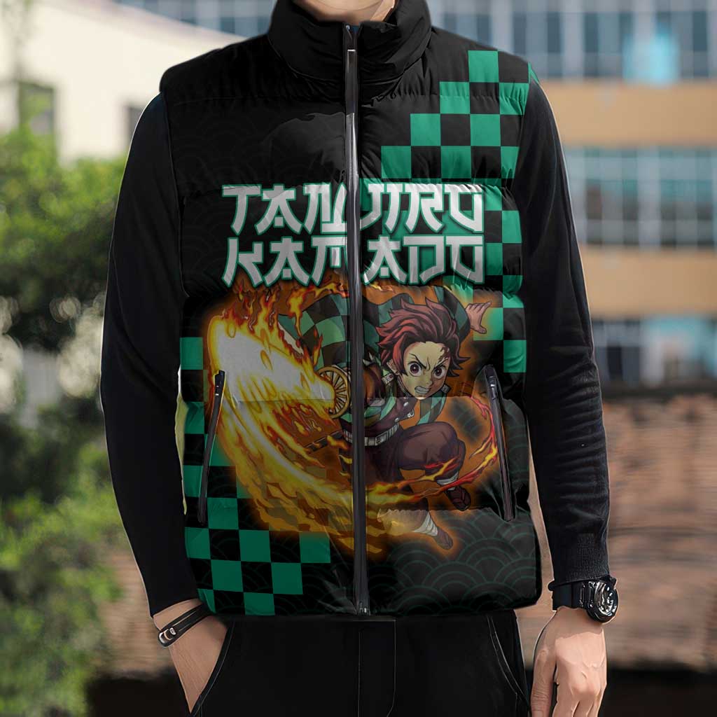 Tanjiro Kamado Demon Slayer Sleeveless Puffer Jacket Fiery Checkered Anime Wave Style